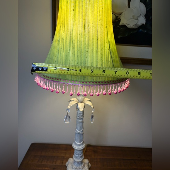 Vintage-Style Table Lamp Bright Green Lamp Shade With Pink Beaded Fringe - Picture 7 of 9
